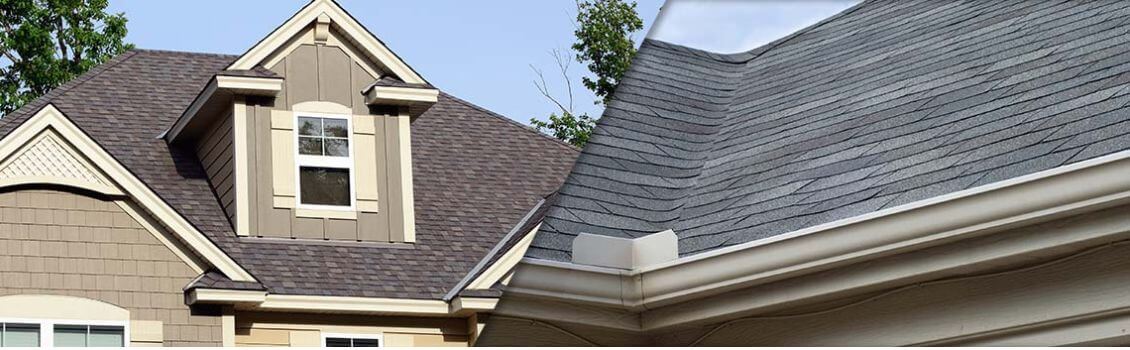 split screen of exterior asphalt shingle roofing project