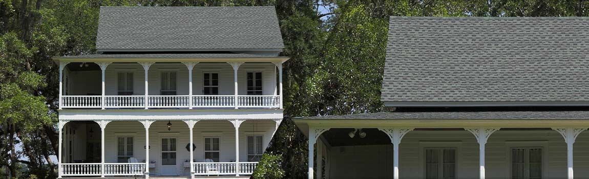 split screen of shingle roofing on white home